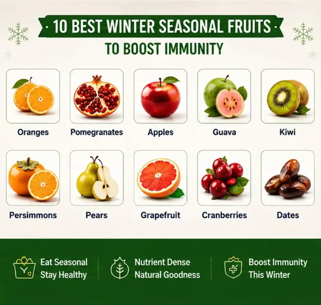 10 best winter seasonal fruits including oranges, pomegranates, apples, guava, kiwi, persimmons, pears, grapefruit, cranberries, and dates