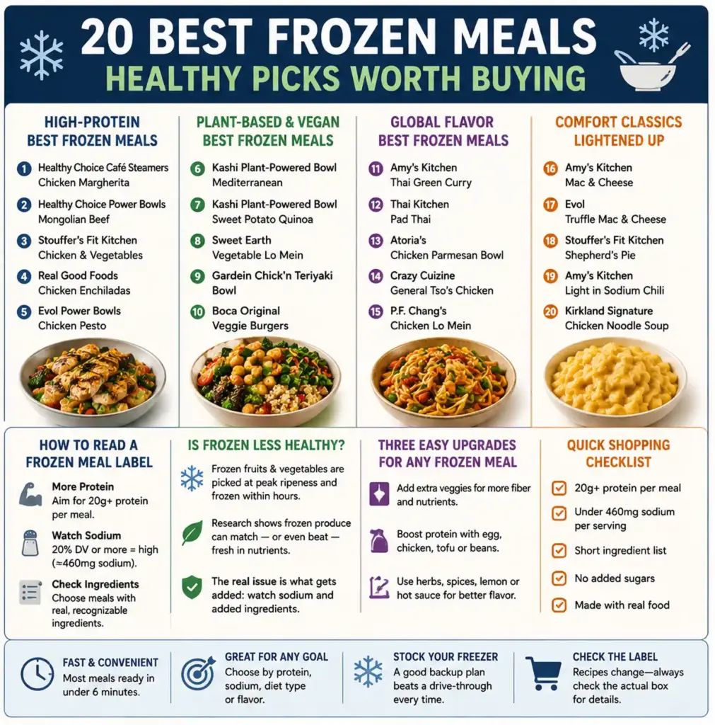 20 best frozen meals infographic with healthy meal categories nutrition tips and shopping checklist