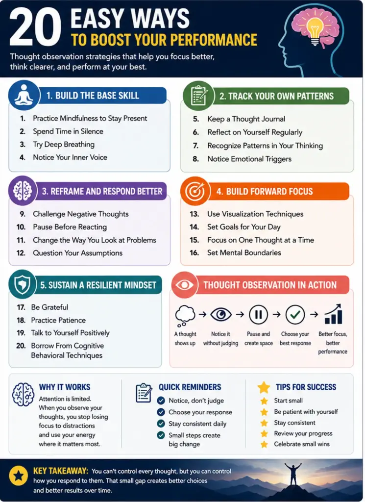 20 thought observation strategies infographic for improving focus performance and mental resilience