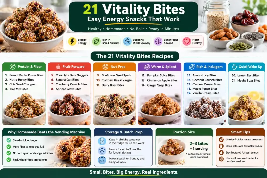 21 vitality bites infographic showing energy snack categories storage tips portion size and allergy guidance