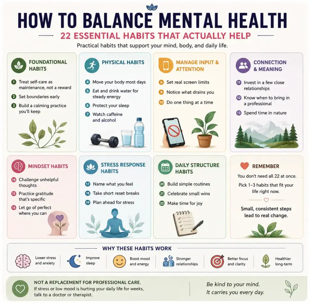 22 mental health habits infographic covering self care sleep movement connection and healthy routines