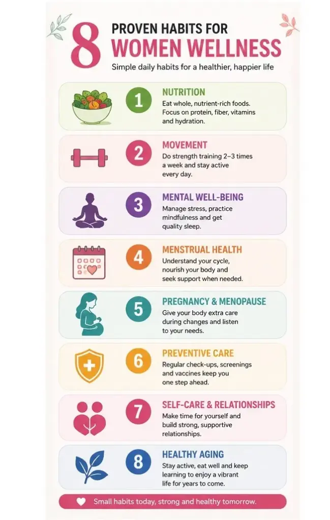 8 proven women wellness habits for a healthier life infographic