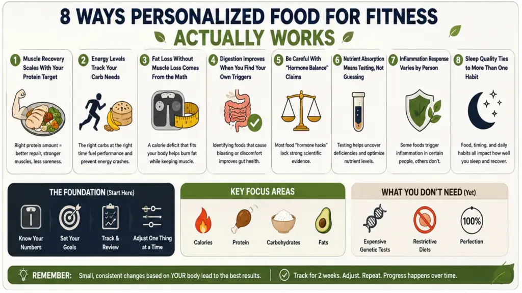8 ways personalized food supports fitness muscle recovery, energy, fat loss, digestion, nutrient absorption, inflammation, sleep, and personalized nutrition