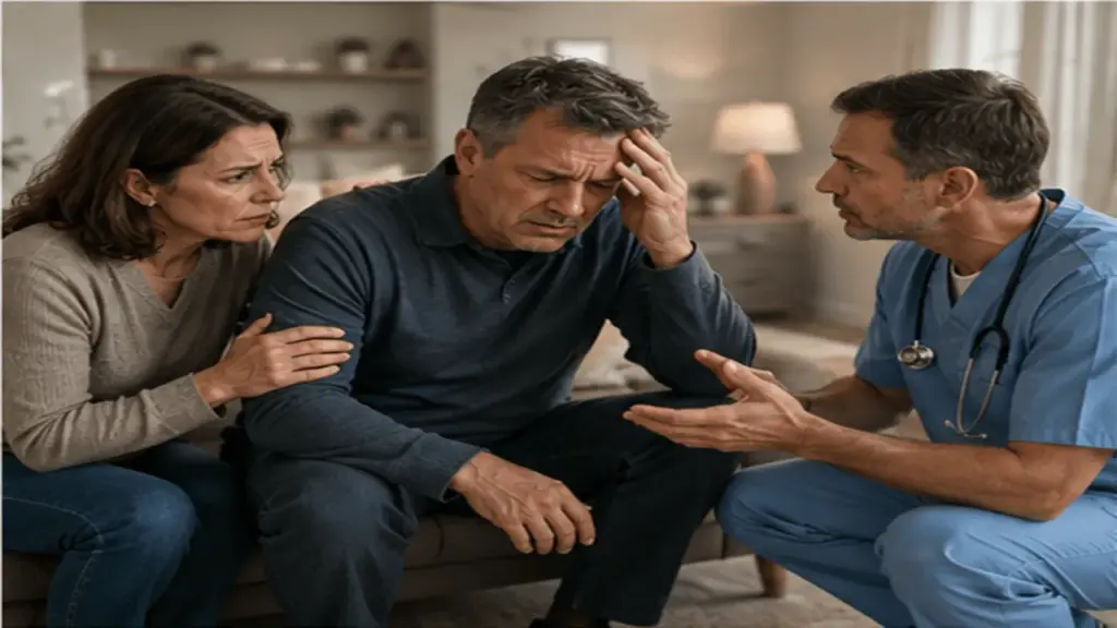 Adult experiencing a severe headache while receiving help from a healthcare professional