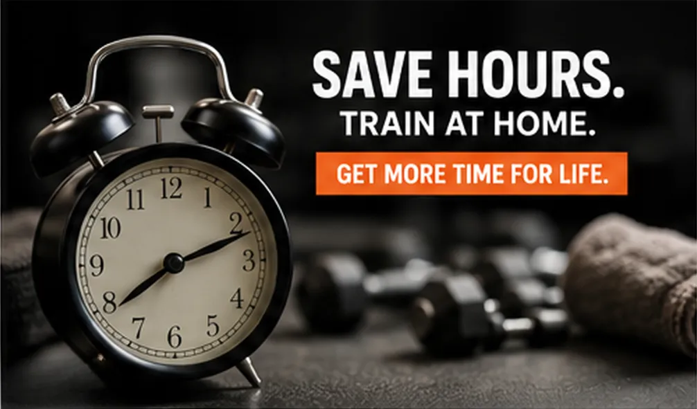 Alarm clock beside home workout equipment illustrating the time saved by training at home