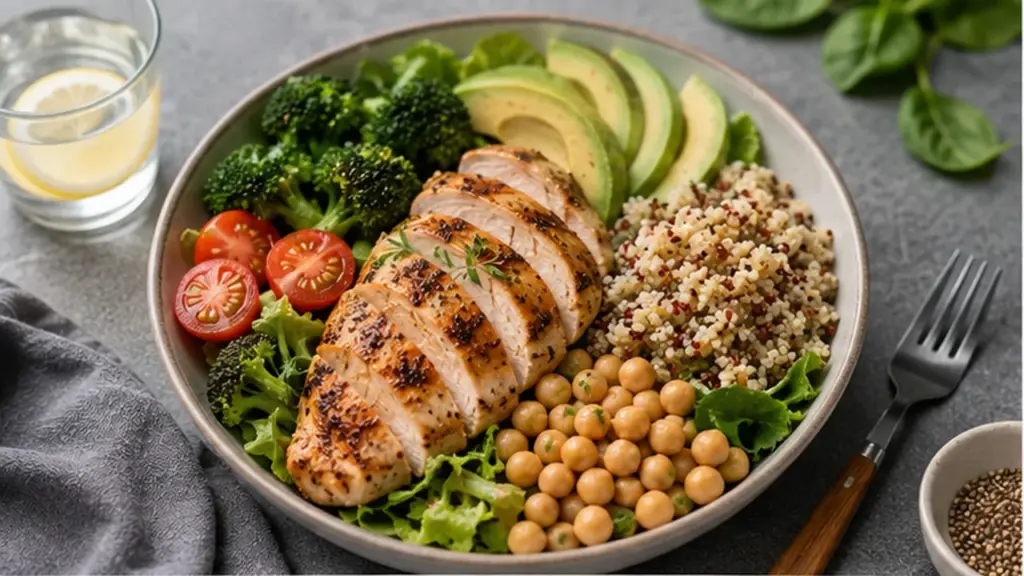 Balanced fitness meal with chicken, quinoa, vegetables, avocado, and chickpeas