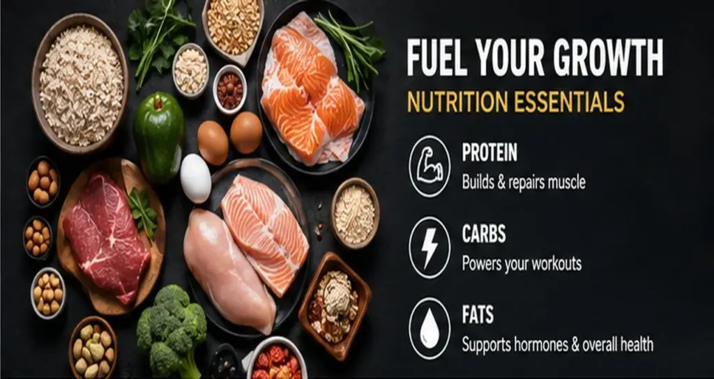 Balanced high protein meal with chicken, rice, vegetables, salmon, and healthy fats for muscle growth