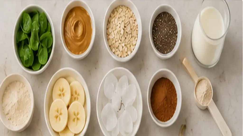 Banana protein shake add-ins including spinach, peanut butter, oats, chia seeds, and cinnamon