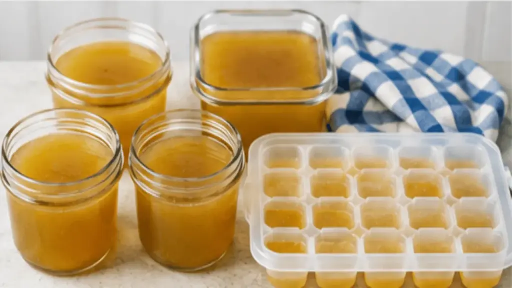 Beef bone broth stored in containers for refrigeration
