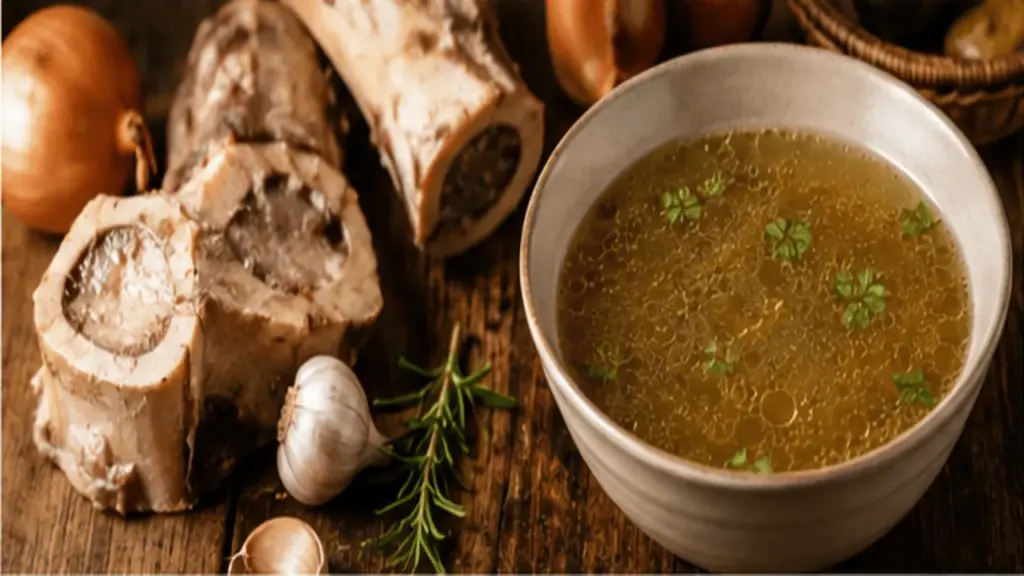 Beef bone soup in a bowl with beef bones and fresh herbs