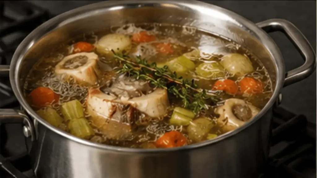 Beef bone soup simmering with vegetables in a large pot