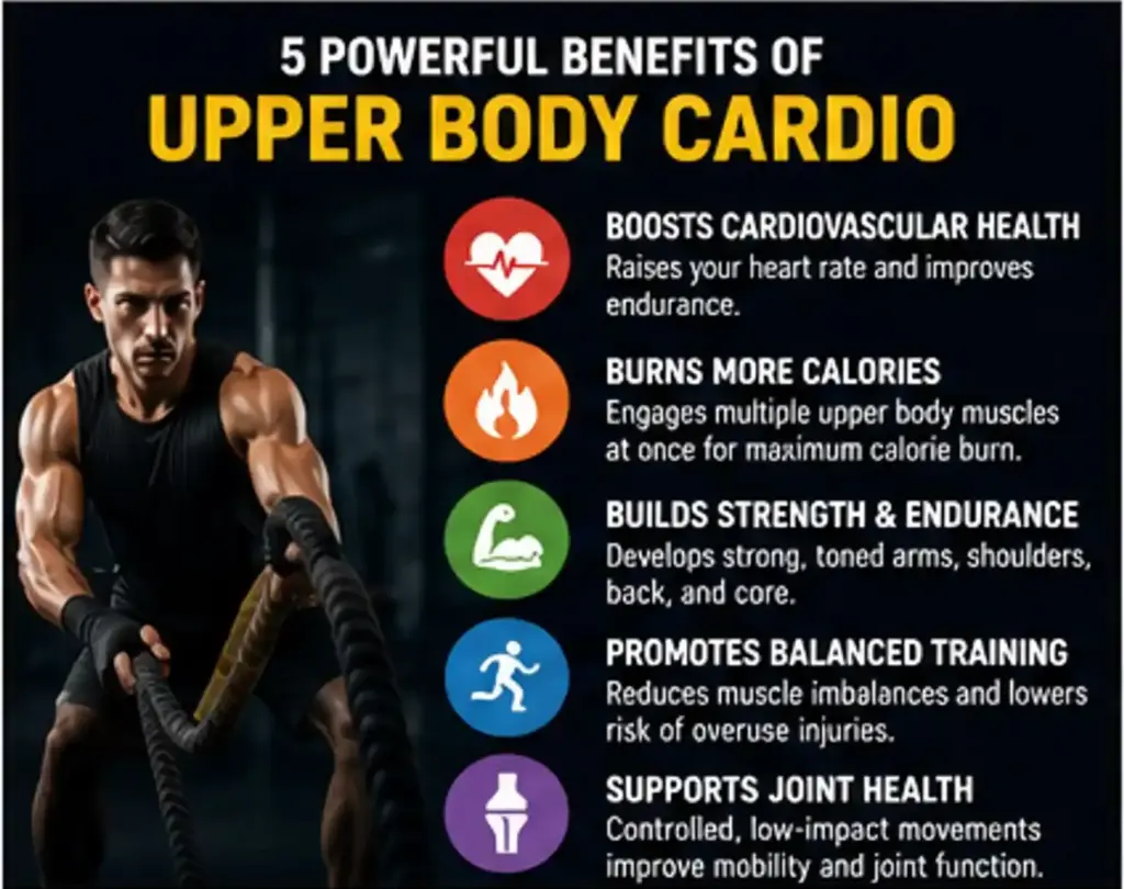 Benefits of upper body cardio including endurance, calorie burn, strength, and balanced training