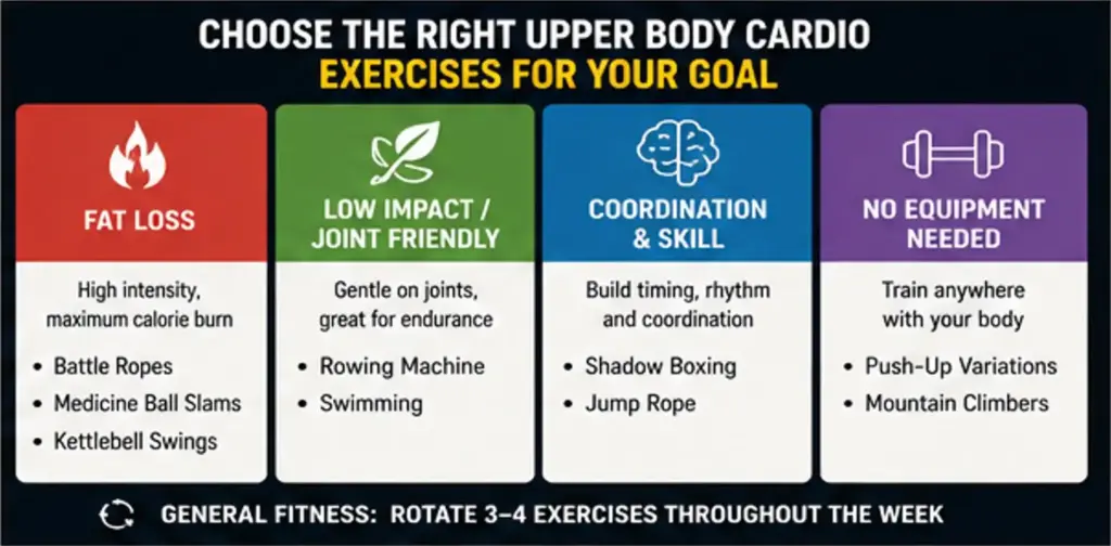 Best upper body cardio exercises for fat loss, low impact training, coordination, and no equipment