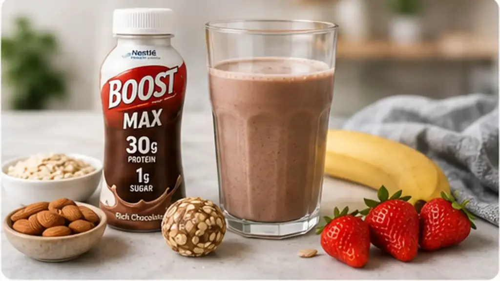 Boost high protein nutrition drink with banana berries and almonds