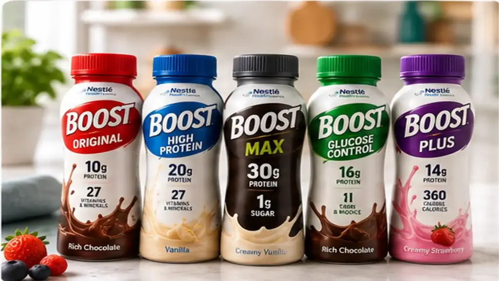 Boost nutrition drink bottles showing different protein and nutrition formulas
