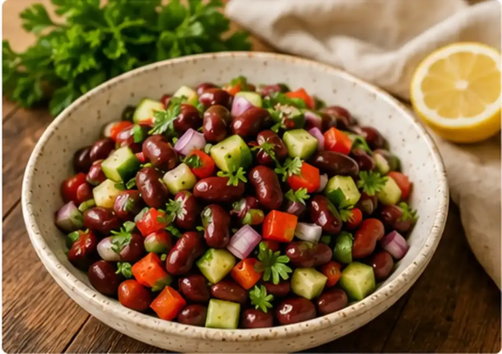 Bowl of kidney bean salad with vegetables and fresh herbs