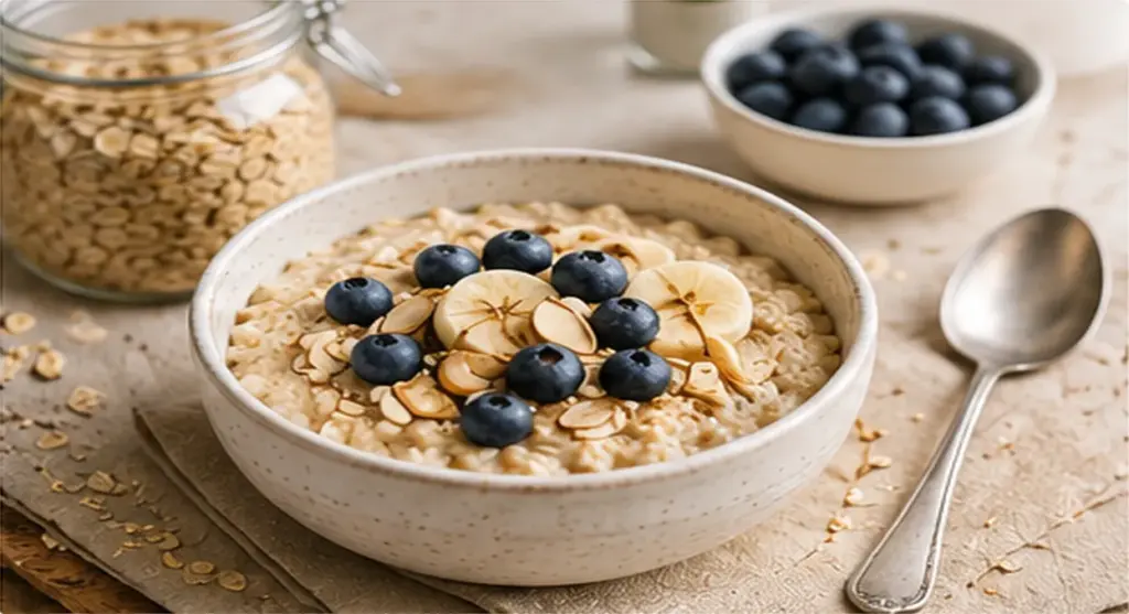 Bowl of organic oatmeal topped with blueberries, almonds, and honey