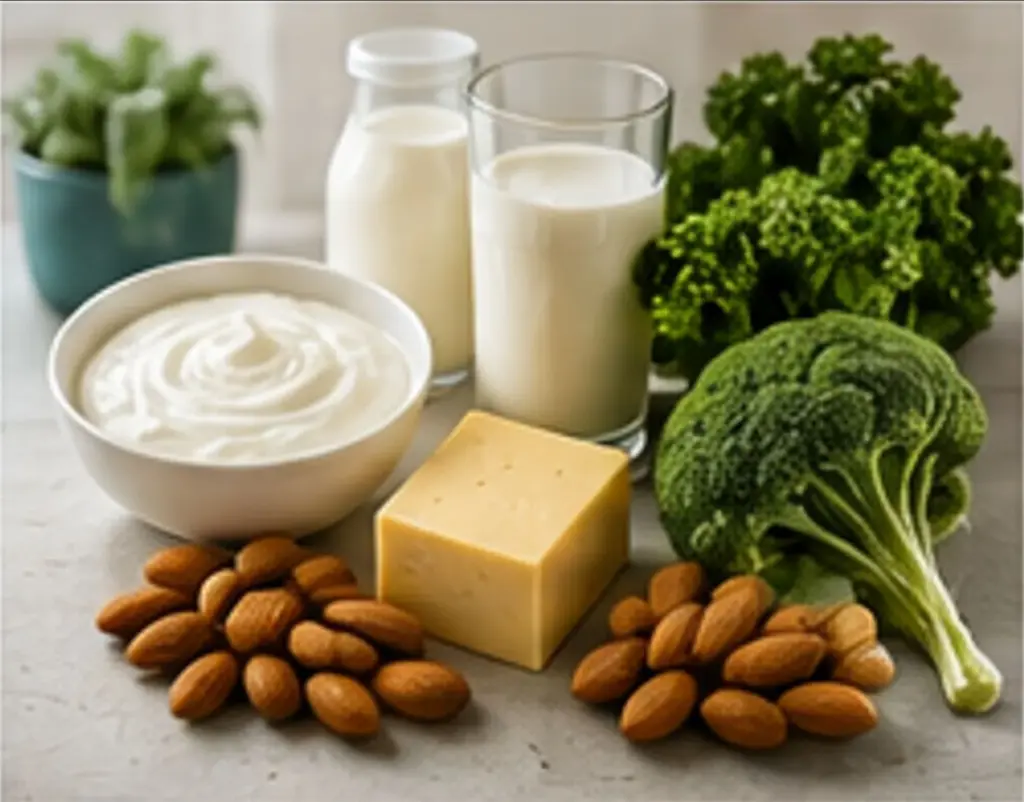 Calcium rich foods including milk, yogurt, broccoli and almonds
