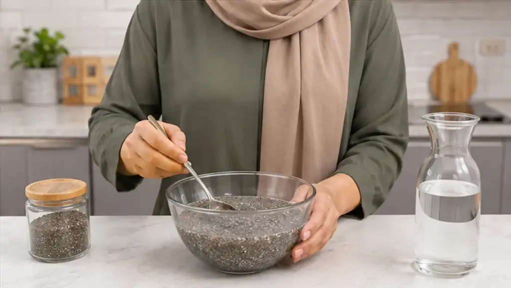 Chia seeds being prepared in a bowl in a clean kitchen, illustrating proper soaking and mixing.