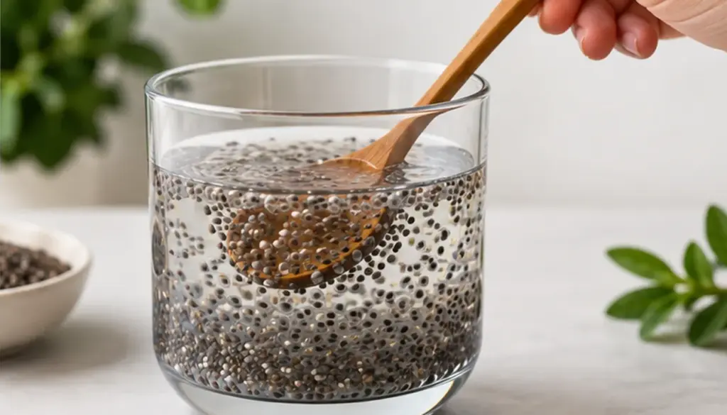Chia seeds soaking in a glass of water, showing their gel-like texture.