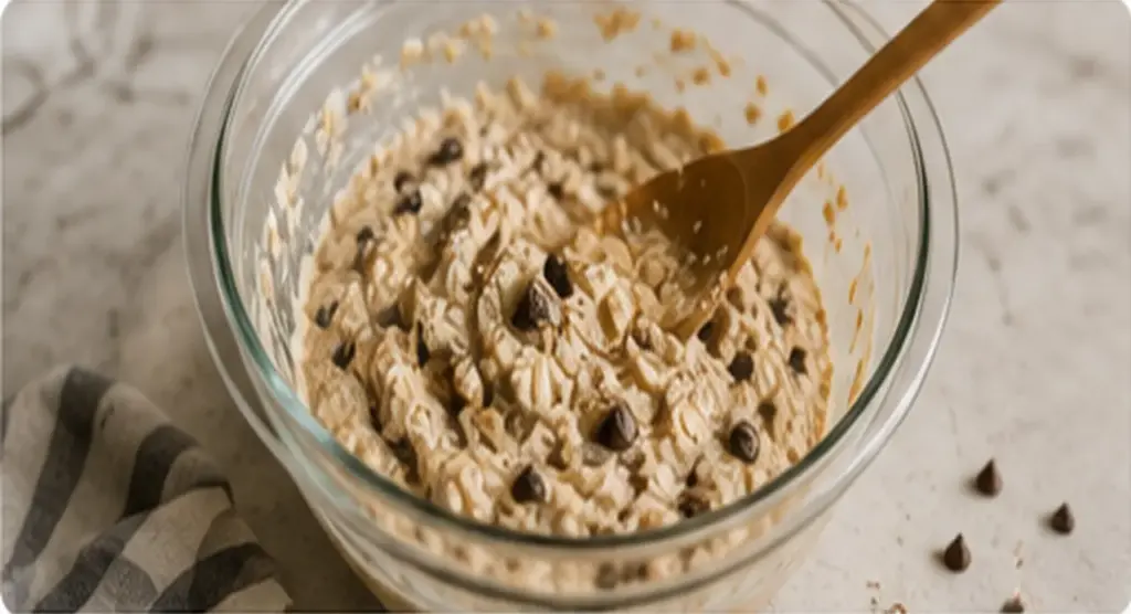 Cookie dough overnight oats mixture being stirred with chocolate chips