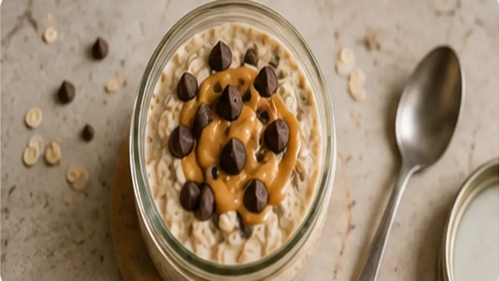Cookie dough overnight oats topped with chocolate chips and nut butter