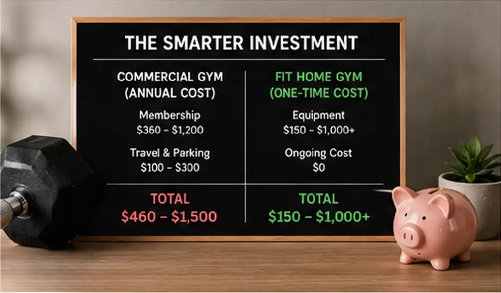 Cost comparison between a commercial gym and a fit home gym showing annual versus one-time expenses