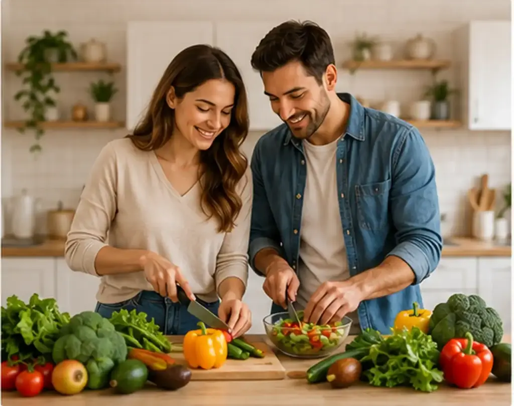 Couple preparing nutritious food together for fertility wellness