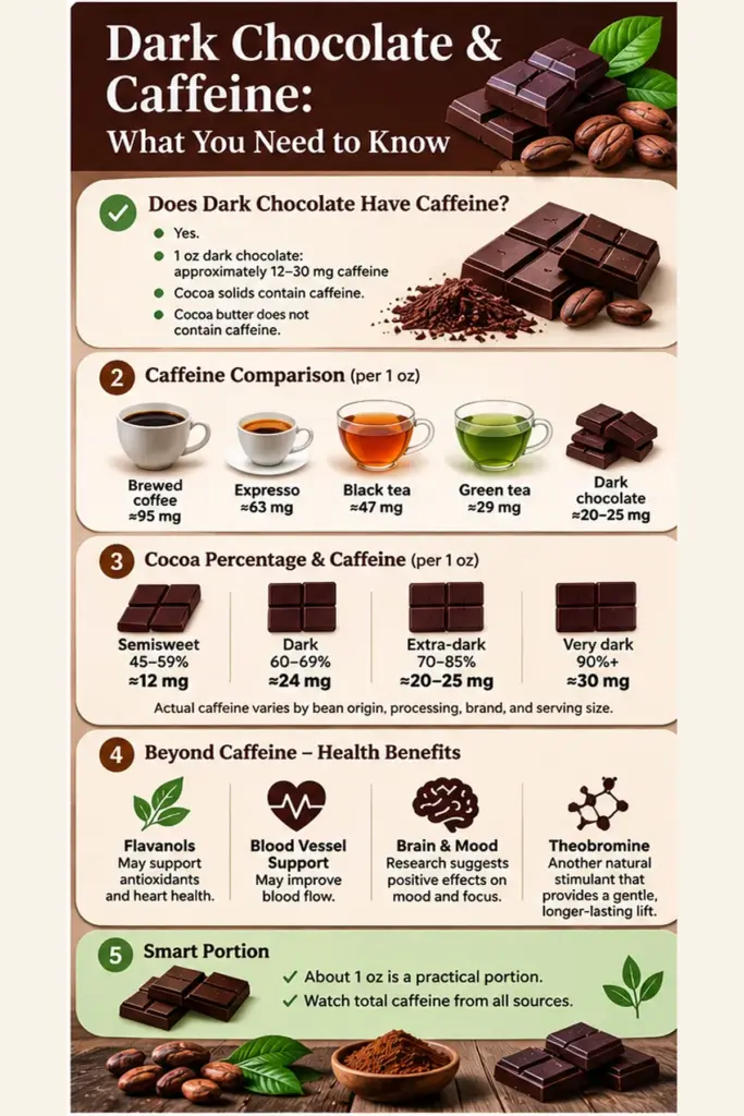 Dark chocolate caffeine amounts cocoa percentages and potential health benefits infographic