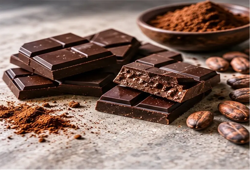 Dark chocolate pieces with cocoa solids and cocoa beans