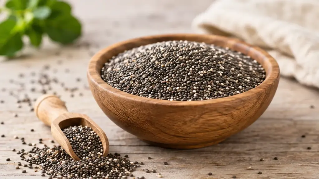 Dry chia seeds in a wooden bowl with a scoop on a rustic table.