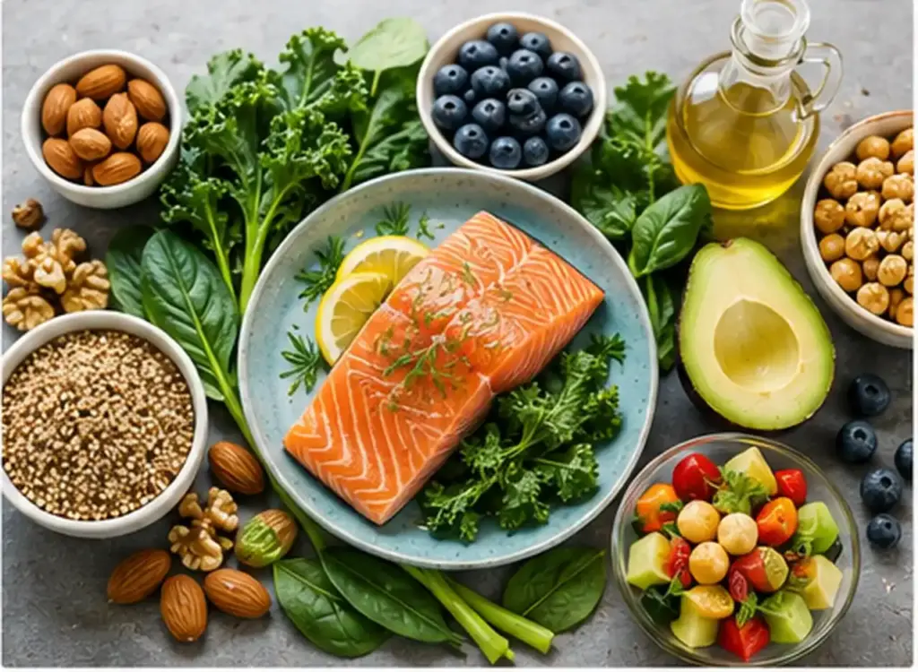 Fertility-supportive foods including salmon, avocado, leafy greens, berries, and nuts