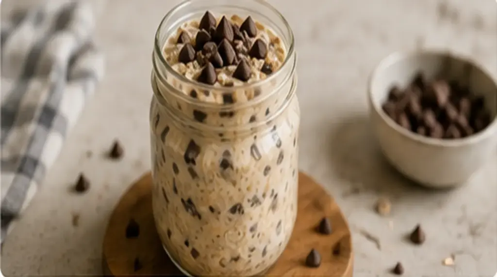 Finished cookie dough overnight oats in a jar topped with chocolate chips