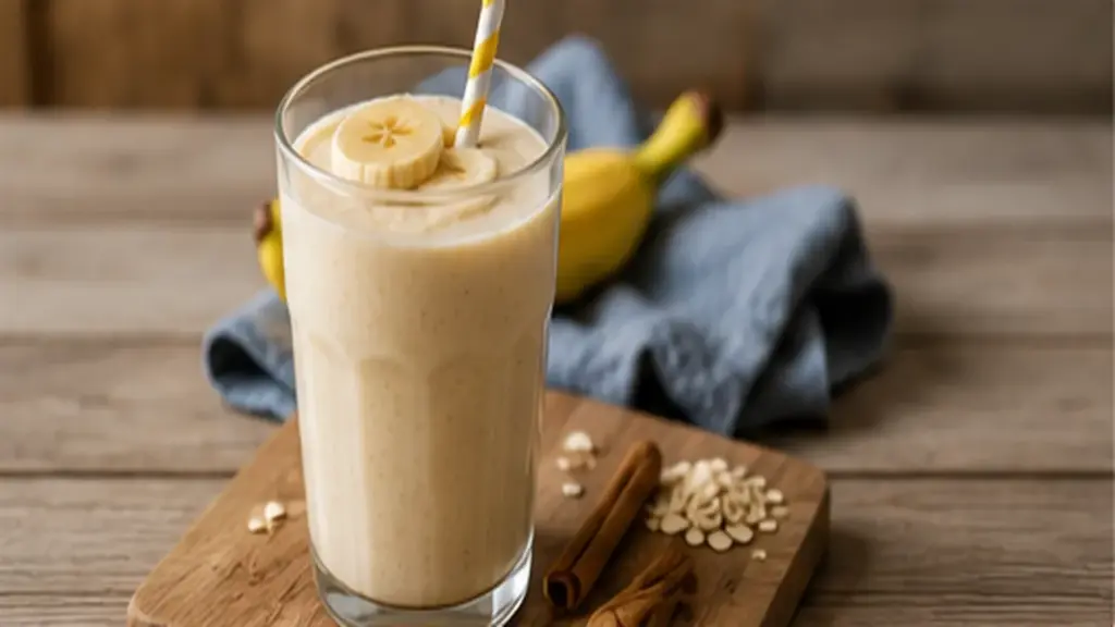 Fresh banana protein shake in a glass with banana slices