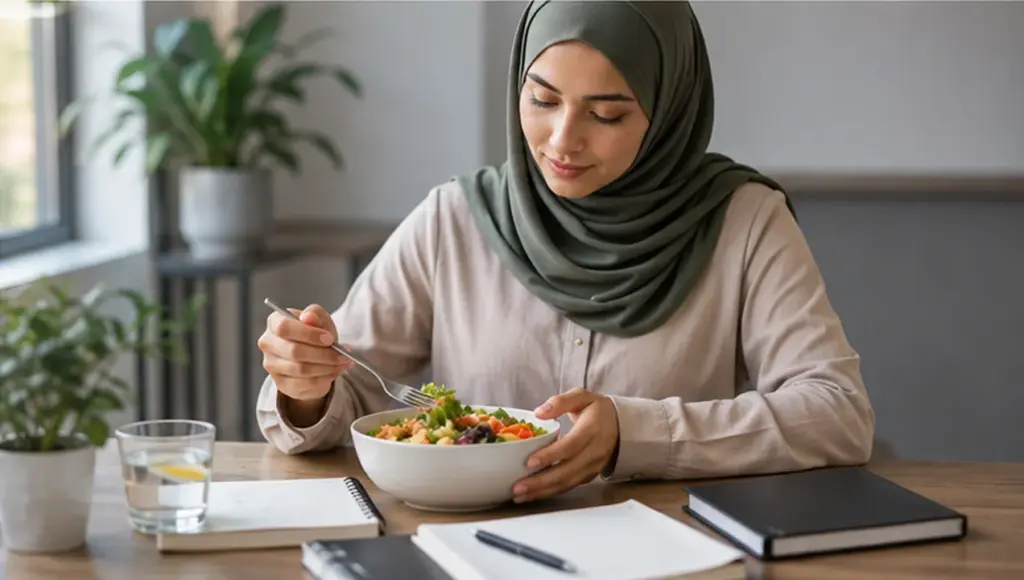 Fully clothed woman eating a balanced healthy meal while reviewing nutrition notes