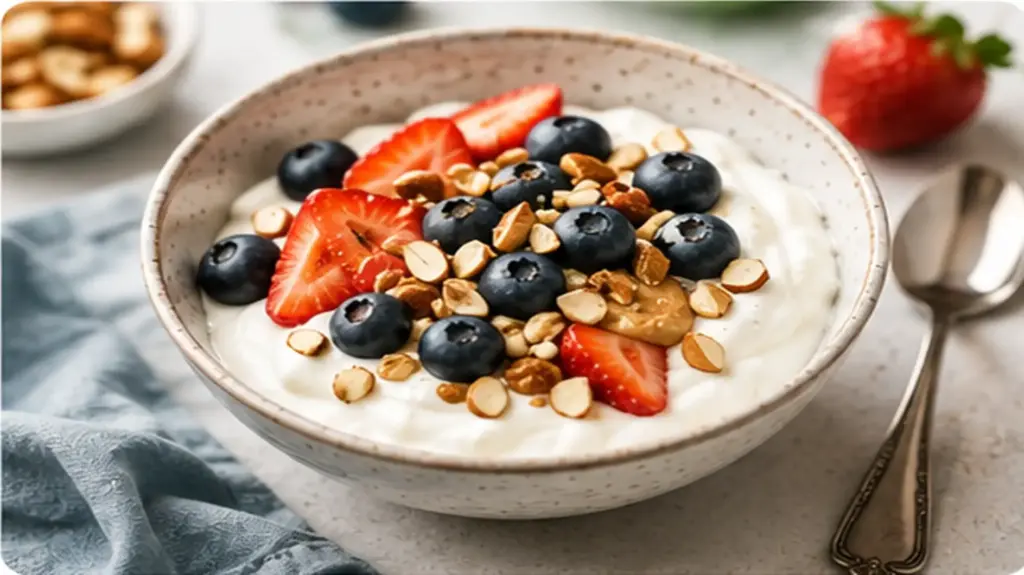 Greek yogurt with berries and chopped nuts healthy high protein snack for kids
