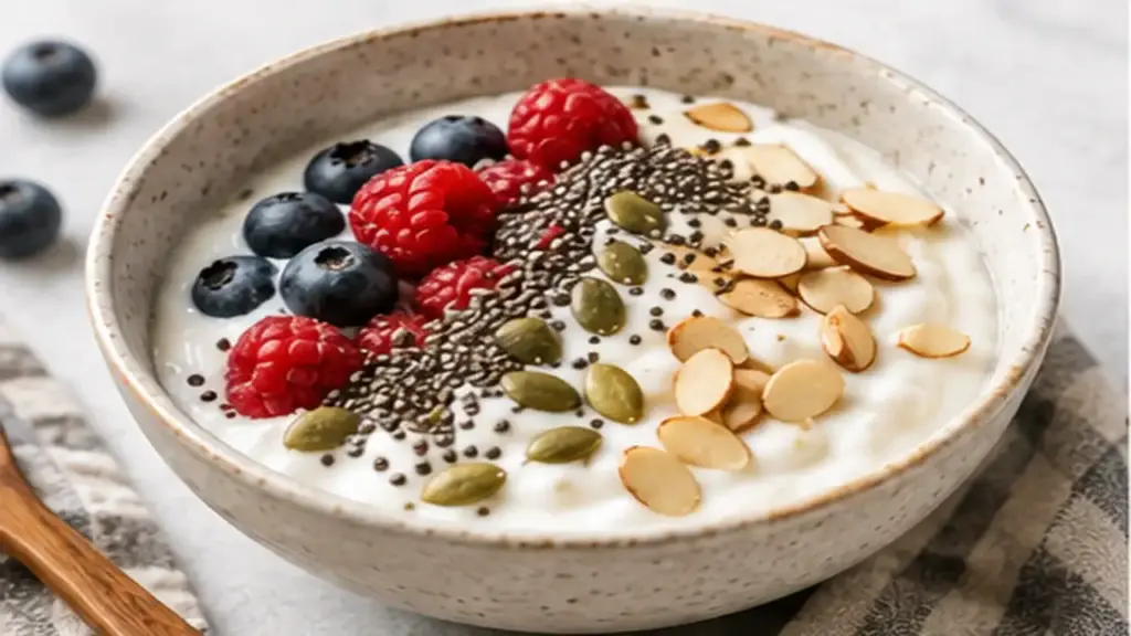 Greek yogurt with mixed berries and seeds high fiber snack