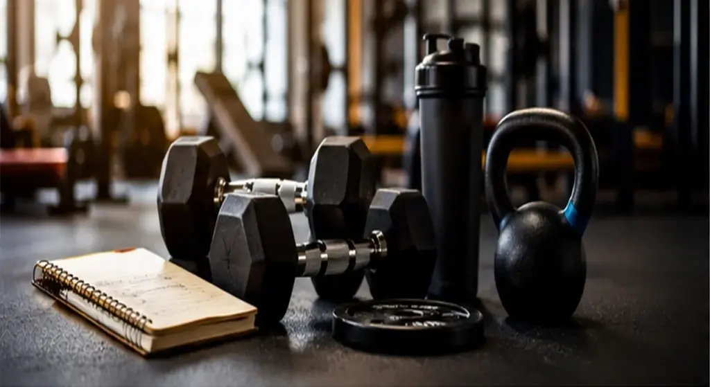 Gym equipment including dumbbells, kettlebell, weight plates, and battle rope for strength training