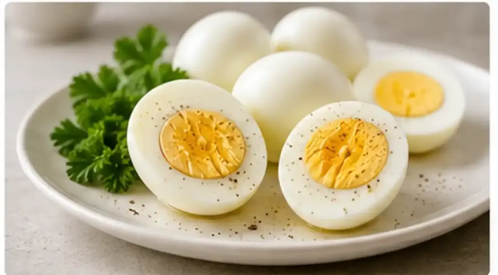 Hard boiled eggs on a plate showing healthy low calorie protein for weight loss