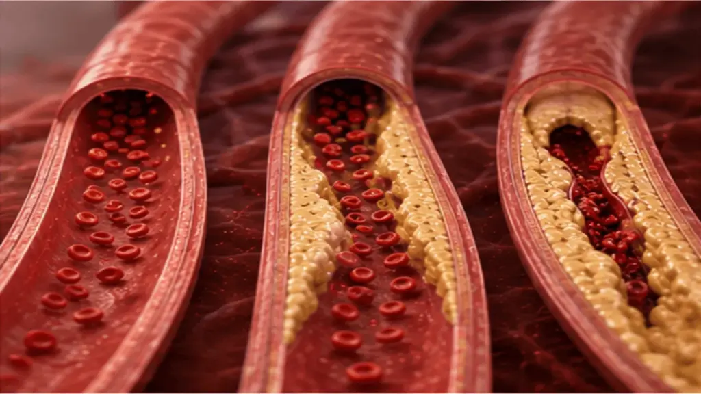 Healthy artery compared with an artery showing LDL cholesterol plaque buildup