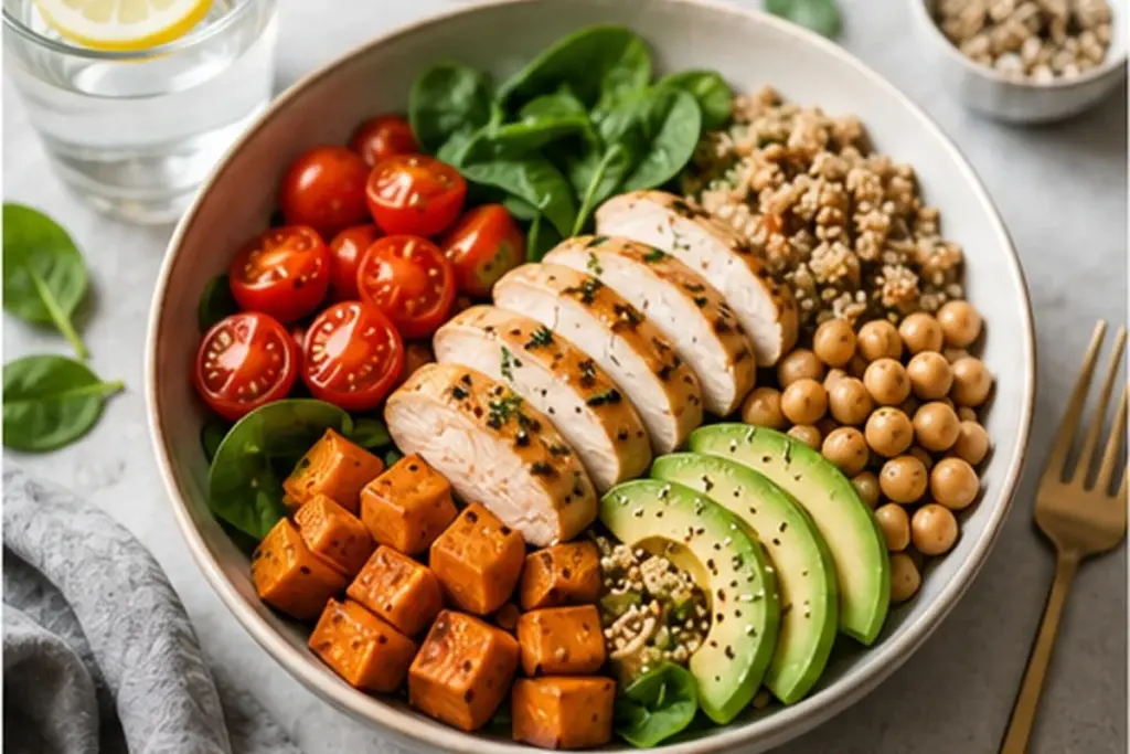 Healthy balanced meal with protein vegetables and whole foods for women wellness