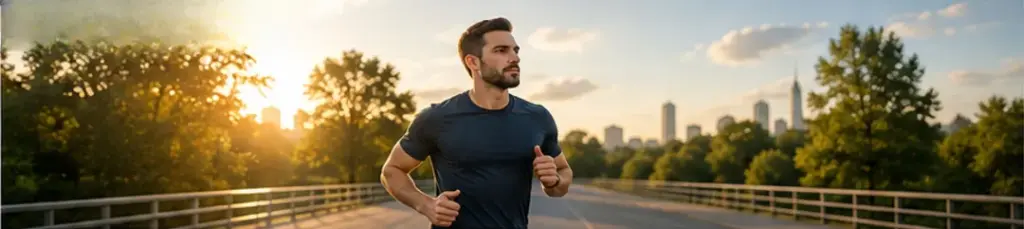 Healthy man running outdoors as part of a balanced daily health routine