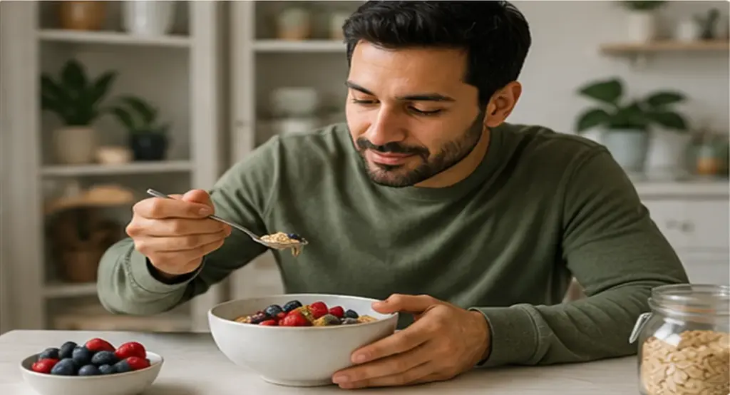 Healthy oatmeal breakfast with berries and nuts
