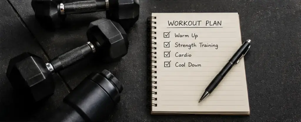 Home workout plan notebook with dumbbells representing consistent strength training