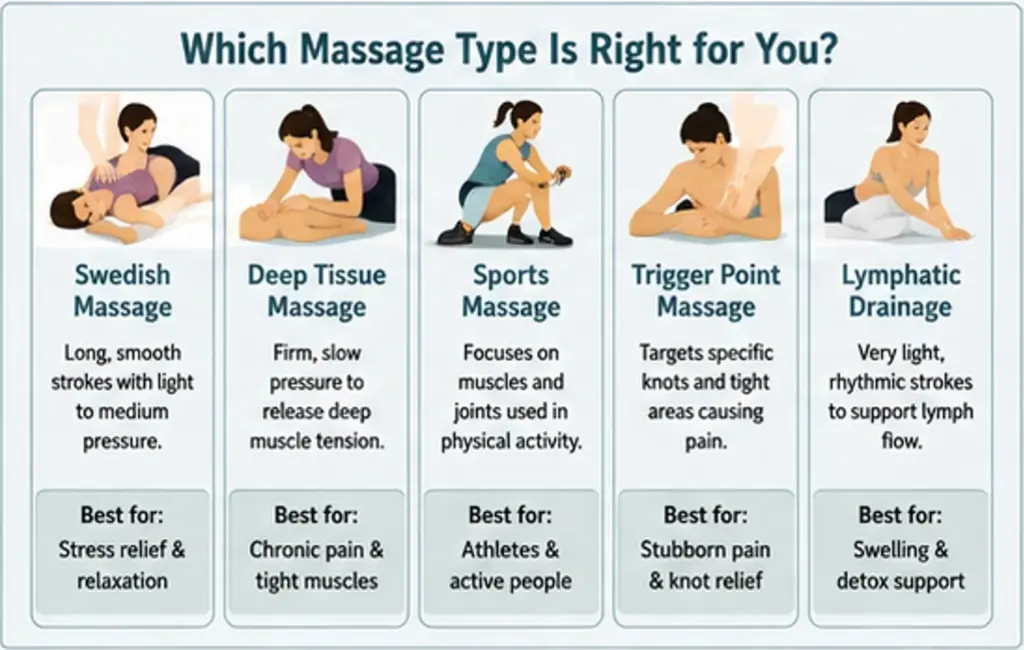 Infographic comparing Swedish, deep tissue, sports, trigger point and lymphatic drainage massage types