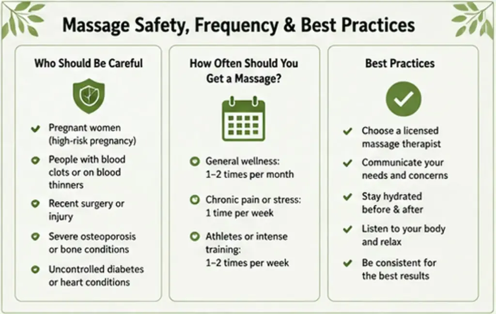 Infographic explaining massage safety, recommended frequency and best practices for a healthy body massage