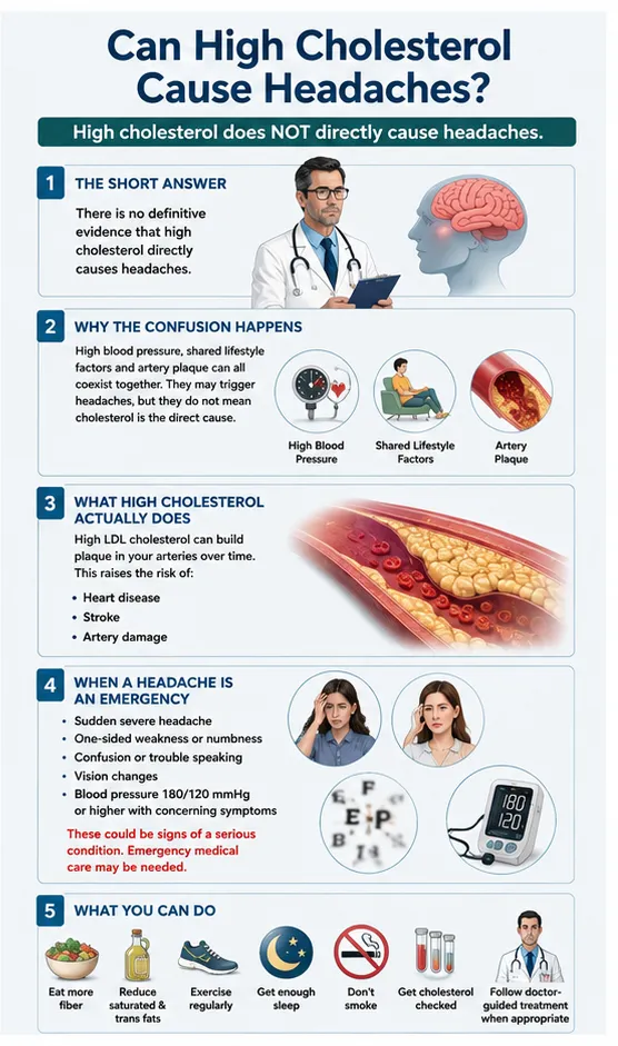 Infographic explaining whether high cholesterol causes headaches and when headaches may require emergency care
