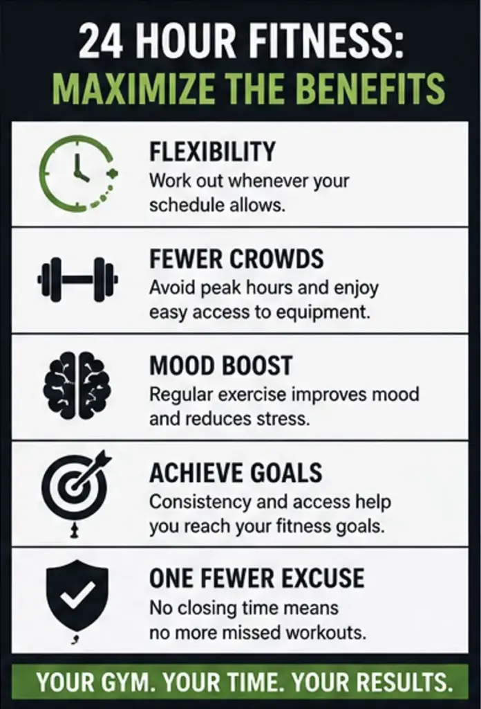 Infographic highlighting the key benefits of 24 hour fitness access including flexibility, fewer crowds, mood support, goals, and consistency