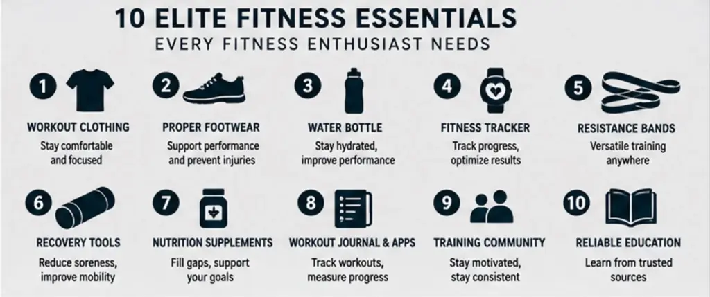 Infographic showing 10 elite fitness essentials every fitness enthusiast needs
