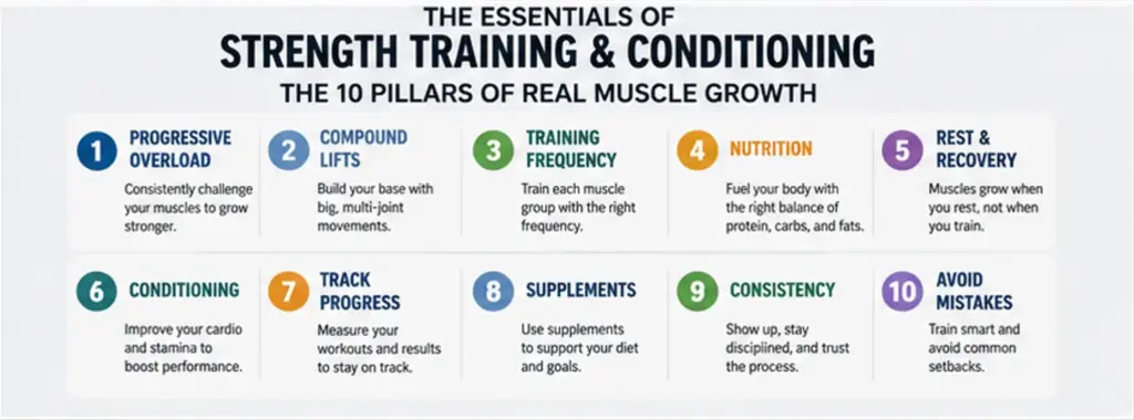 Infographic showing 10 essentials of strength training and conditioning for real muscle growth